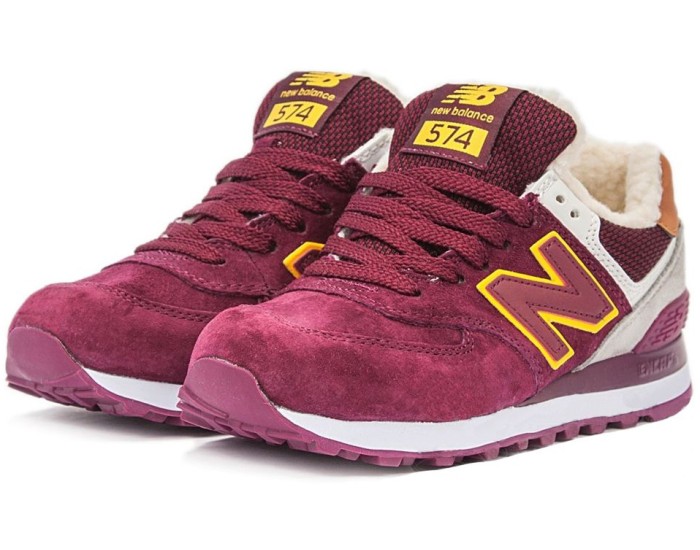 Кроссовки New Balance 574 зимние с мехом бордовые с белым