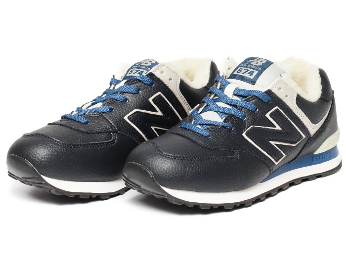 Кроссовки New Balance 574 синие кожаные зимние с мехом