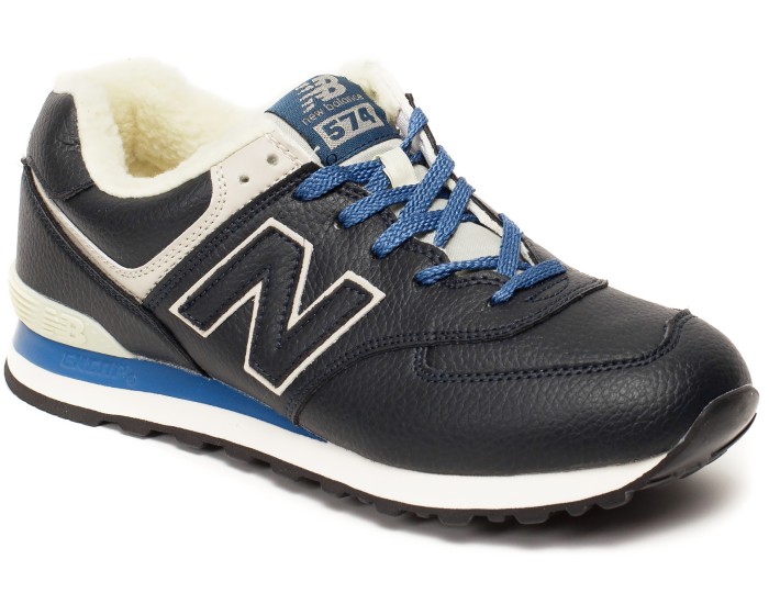 Кроссовки New Balance 574 синие кожаные зимние с мехом